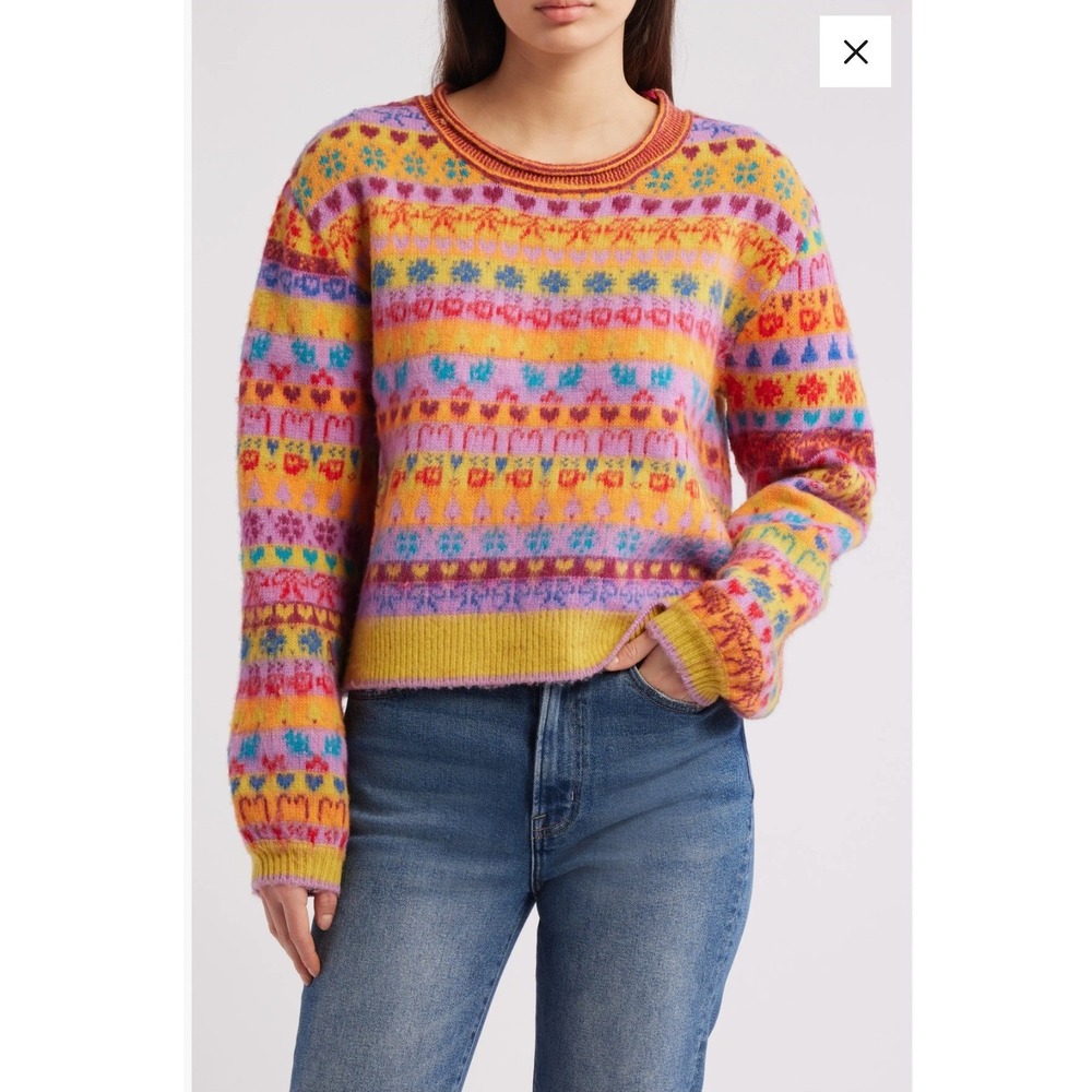 Women's Free People Large Favorite Things Wool Blend Fair Isle Heart Sweater